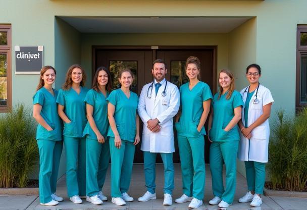 Équipe de Clinivet Santé souriante devant la clinique
