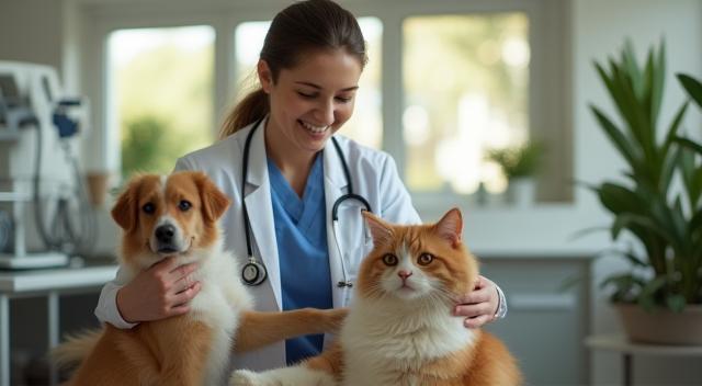 Une vétérinaire souriante prenant soin d’un chien et d’un chat dans une clinique moderne